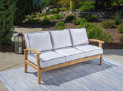 Image of Tortuga Outdoor Jakarta Teak 6pc Sofa and Fire Table Set - 1 loveseat, 2 club chairs, 1 fire table, and 1 side table, 1 ottoman - Sunbrella Deep Seating Tortuga Outdoor 