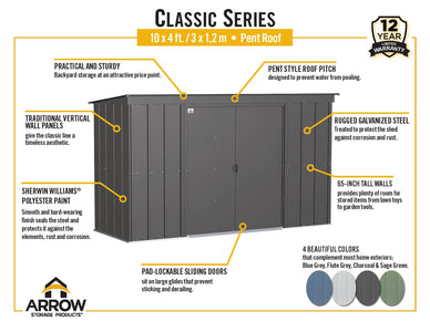 Arrow Classic Steel Storage Shed, 10x4 Shed Arrow 