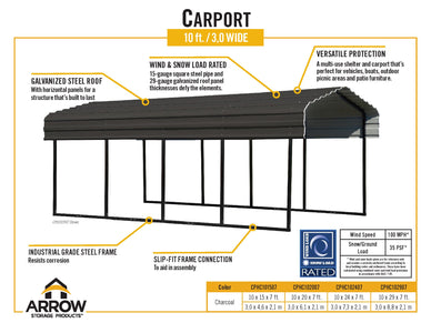 Arrow Galvanized Steel Carport 10 x 20 x 7 ft. Carport Arrow 