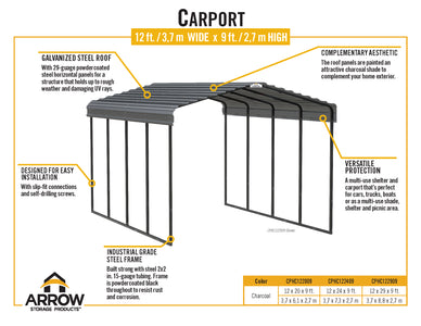 Arrow Galvanized Steel Carport, 12 ft. x 20 ft. x 9 ft. Carport Arrow 