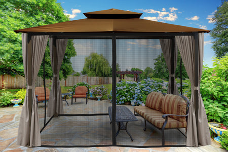 Paragon 10x12 Barcelona Cocoa Top with Privacy Curtains and Netting Gazebo - The Better Backyard