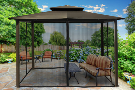 Paragon 10x12 Barcelona Grey Top with Privacy Curtains and Netting Gazebo - The Better Backyard