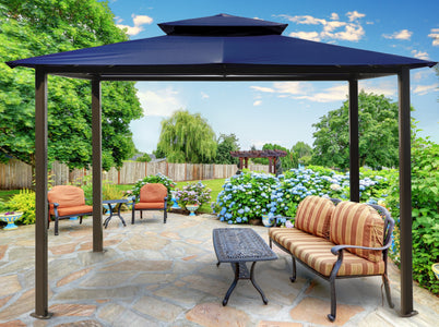 Paragon 10x12 Barcelona Navy Top with Privacy Curtains and Netting Gazebo - The Better Backyard