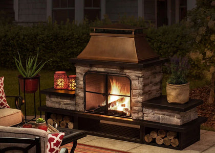 Sunjoy Outdoor 48 in. Steel Wood Burning Stone Fireplace with Fire Poker and Removable Grate Fireplace Sunjoy 
