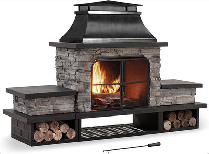 Sunjoy Outdoor 48 in. Steel Wood Burning Stone Fireplace with Fire Poker and Removable Grate Fireplace Sunjoy Black 