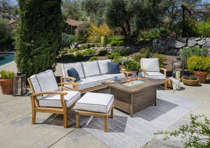 Tortuga Outdoor Jakarta Teak 6pc Sofa and Fire Table Set - 1 loveseat, 2 club chairs, 1 fire table, and 1 side table, 1 ottoman - Sunbrella Deep Seating Tortuga Outdoor 