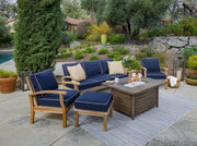 Image of Tortuga Outdoor Jakarta Teak 6pc Sofa and Fire Table Set - 1 loveseat, 2 club chairs, 1 fire table, and 1 side table, 1 ottoman - Sunbrella Deep Seating Tortuga Outdoor 