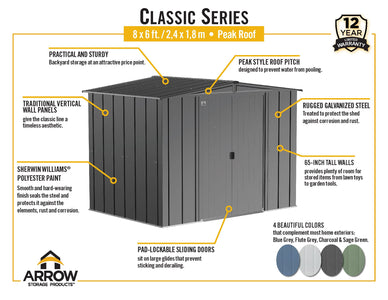 Arrow Classic Steel Storage Shed, 8x6 Shed Arrow 