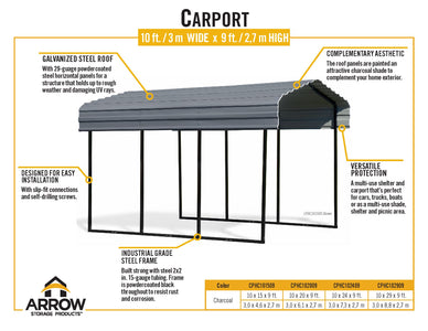 Arrow Galvanized Steel Carport, 10 ft. x 20 ft. x 9 ft. Carport Arrow 