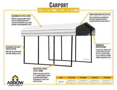 Arrow Galvanized Steel Carport 10 x 29 x 9 ft. Carport Arrow 
