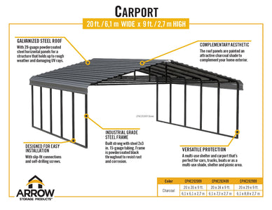 Arrow Galvanized Steel Carport 20 x 20 x 9 Carport Arrow 