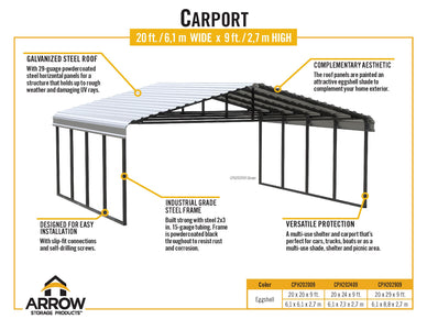 Arrow Galvanized Steel Carport 20 x 29 x 9 Carport Arrow 