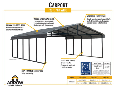 Arrow Shed 20 x 20 Galvanized Steel Carport Carport Arrow 