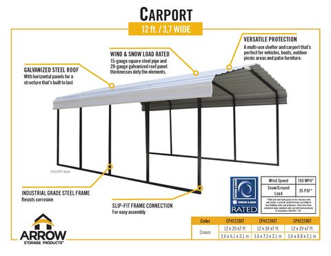 Arrow Shed Steel Carport 12 x 20 x 7 ft. Galvanized Carport Arrow Shed 
