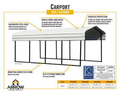 Arrow Steel Carport 10 x 15 x 7 ft. Galvanized Roof Carport Arrow 