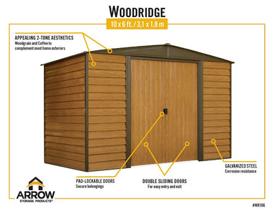 Arrow Woodridge 10 x 6 ft. Steel Storage Shed Coffee/Woodgrain Shed Arrow 
