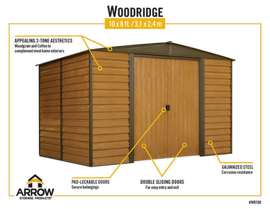 Arrow Woodridge 10 x 8 ft. Steel Storage Shed Coffee/Woodgrain Shed Arrow 