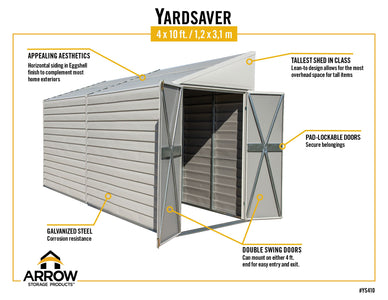 Arrow Yardsaver 4 x 10 ft. Pent Roof Steel Storage Shed Shed Arrow 