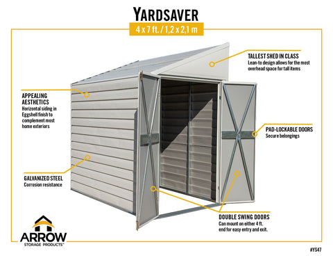 Arrow Yardsaver 4 x 7 ft. Pent Roof Steel Storage Shed Shed Arrow 