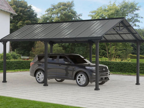 AutoCove 12x20 Gray Steel Frame Gable Roof Metal Carport/Gazebo with 2 Ceiling Hooks Carport Sunjoy 