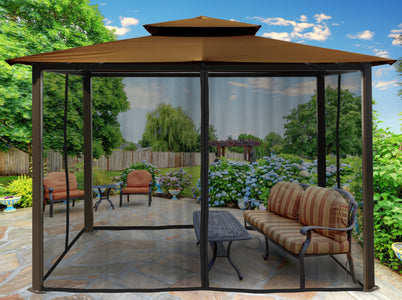 Paragon 10x12 Barcelona Cocoa Top with Privacy Curtains and Netting Gazebo - The Better Backyard