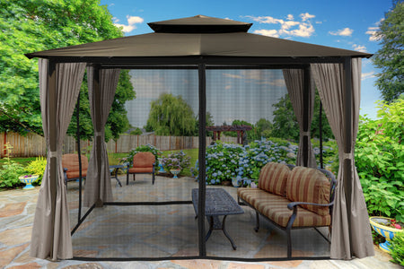 Paragon 10x12 Barcelona Grey Top with Privacy Curtains and Netting Gazebo - The Better Backyard