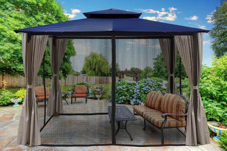 Paragon 10x12 Barcelona Navy Top with Privacy Curtains and Netting Gazebo - The Better Backyard
