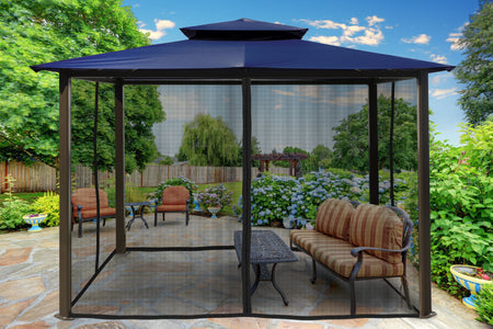 Paragon 10x12 Barcelona Navy Top with Privacy Curtains and Netting Gazebo - The Better Backyard
