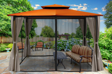 Paragon 10x12 Barcelona Rust Top with Privacy Curtains and Netting Gazebo - The Better Backyard