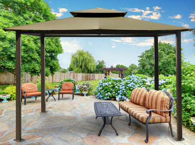 Paragon 10x12 Barcelona Sand Top with Privacy Curtains and Netting Gazebo - The Better Backyard