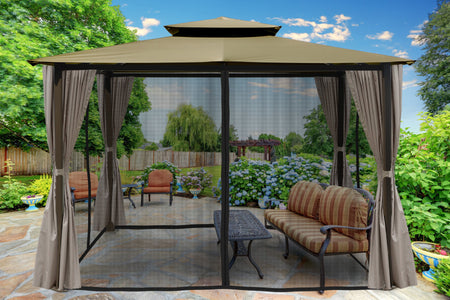 Paragon 10x12 Barcelona Sand Top with Privacy Curtains and Netting Gazebo - The Better Backyard