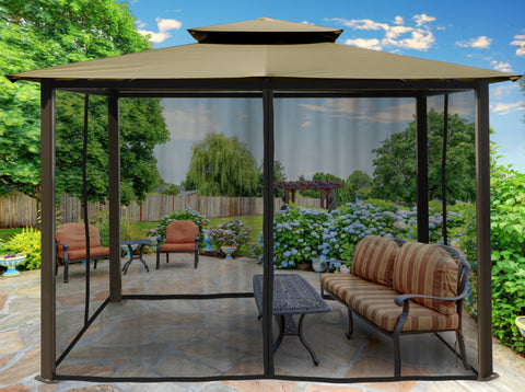 Paragon 10x12 Barcelona Sand Top with Privacy Curtains and Netting Gazebo - The Better Backyard