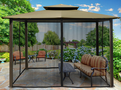 Paragon 10x12 Barcelona Sand Top with Privacy Curtains and Netting Gazebo - The Better Backyard