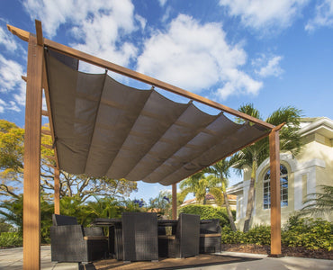 Paragon 11x11 Florence Aluminum Canadian Cedar Finish & Cocoa Color Canopy Pergola - The Better Backyard
