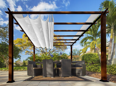 Paragon 11x11 Florence Aluminum Chilean Wood Finish & Beach White Canopy Pergola - The Better Backyard