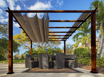 Paragon 11x11 Florence Aluminum Chilean Wood Finish & Cocoa Color Canopy Pergola - The Better Backyard