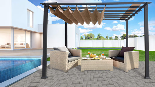 Paragon 11x11 Grey Aluminum with Cocoa Convertible Canopy Pergola - The Better Backyard