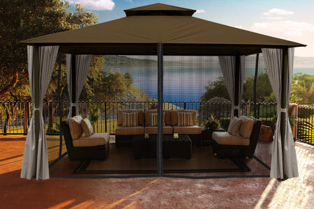 Paragon 11x14 Kingsbury Gazebo Cocoa Sunbrella Roof Top with Curtains & Netting - The Better Backyard