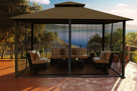 Paragon 11x14 Kingsbury Gazebo Cocoa Sunbrella Roof Top with Curtains & Netting - The Better Backyard