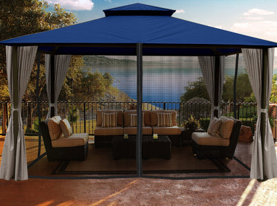 Paragon 11x14 Kingsbury Gazebo Navy Roof Top with Curtains & Netting - The Better Backyard