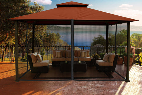 Image of Paragon 11x14 Kingsbury Gazebo Rust Sunbrella Roof Top with Curtains & Netting - The Better Backyard