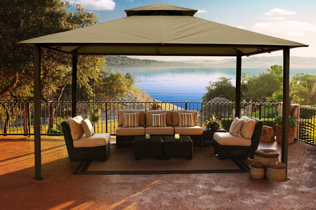Paragon 11x14 Kingsbury Gazebo Sand Roof Top with Curtains & Netting - The Better Backyard