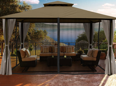 Paragon 11x14 Kingsbury Gazebo Sand Roof Top with Curtains & Netting - The Better Backyard