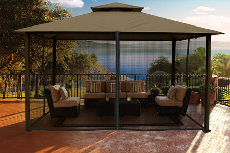 Paragon 11x14 Kingsbury Gazebo Sand Roof Top with Curtains & Netting - The Better Backyard