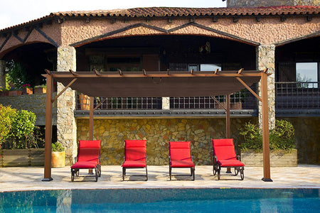 Paragon 11x16 Florence Aluminum Chilean Wood Finish & Sand Color Convertible Canopy Pergola - The Better Backyard