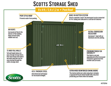 Scotts 8x4 Garden Storage Shed, Green Shed Scotts 