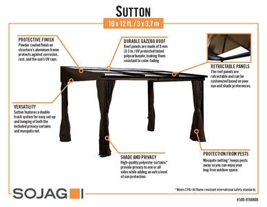 Sojag 10x12 Sutton Wall Gazebo - Netting and Curtains Included Gazebo SOJAG 