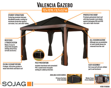 Sojag 12 x 12 ft. Valencia Wood Finish Gazebo with Mosquito Netting Gazebo SOJAG 