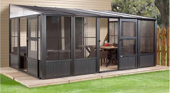 Sojag™ Charleston Sunroom Patio Enclosure Kit Dark Gray with Steel Roof - The Better Backyard
