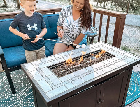 Image of Sunjoy 40 in. Rectangle Smokeless Fire Pit Table with Ceramic Tile Tabletop and Lava Rocks Fire Pit Sunjoy 